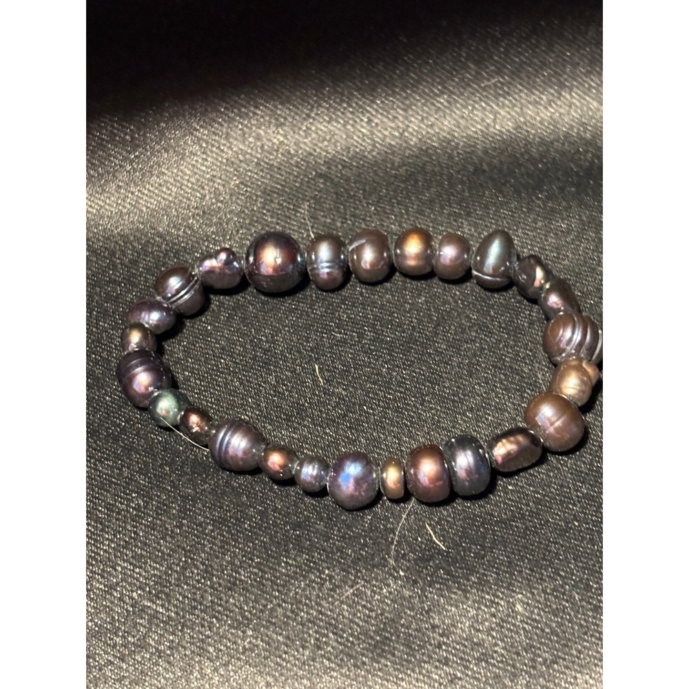 Black Freshwater Pearl Stretch‎ Bracelet Iridescent Peacock Cultured Pearls
